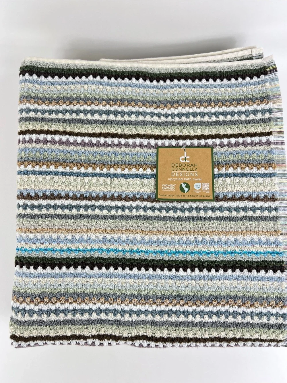 Deborah Connolly Bath Towel Set Striped Brown Green Aqua Cotton 8 Pc Set NEW